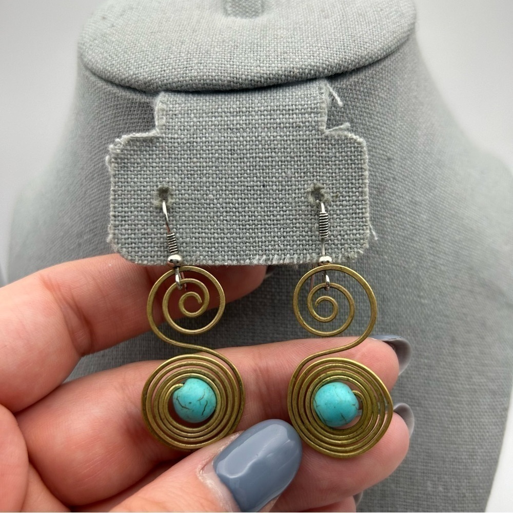 Large Gold Tone Swirl Faux Turquoise Blue Bead Dangle Earrings Music Note